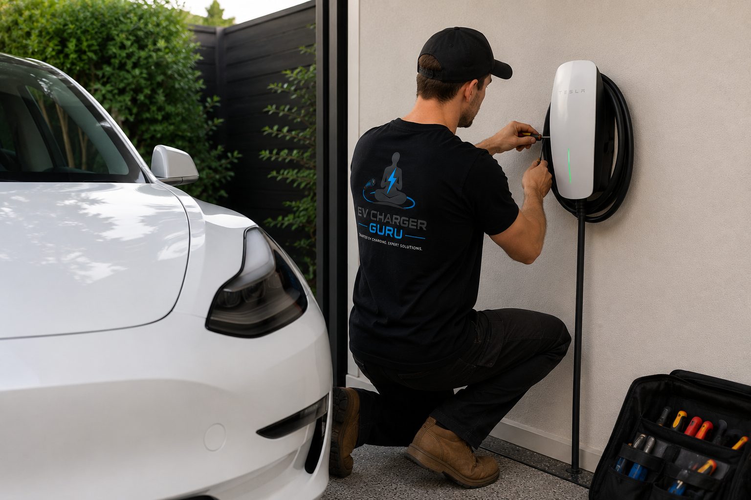 Electrician fitting a wall charger beside a white Tesla